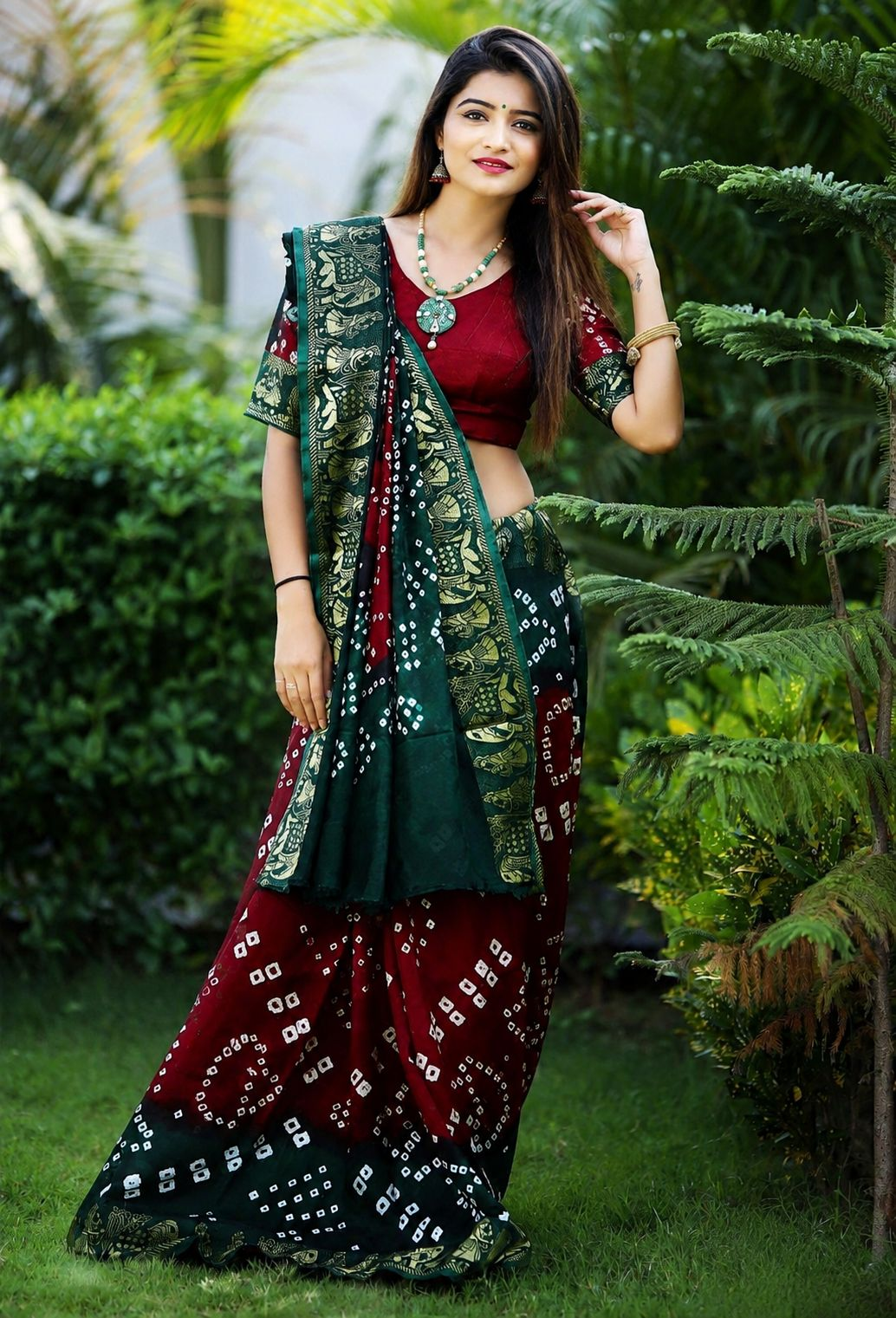 Elegant Maroon & Bottle Green Viscose Dola Silk Bandhej Saree with Fine Self-Jacquard Weaving